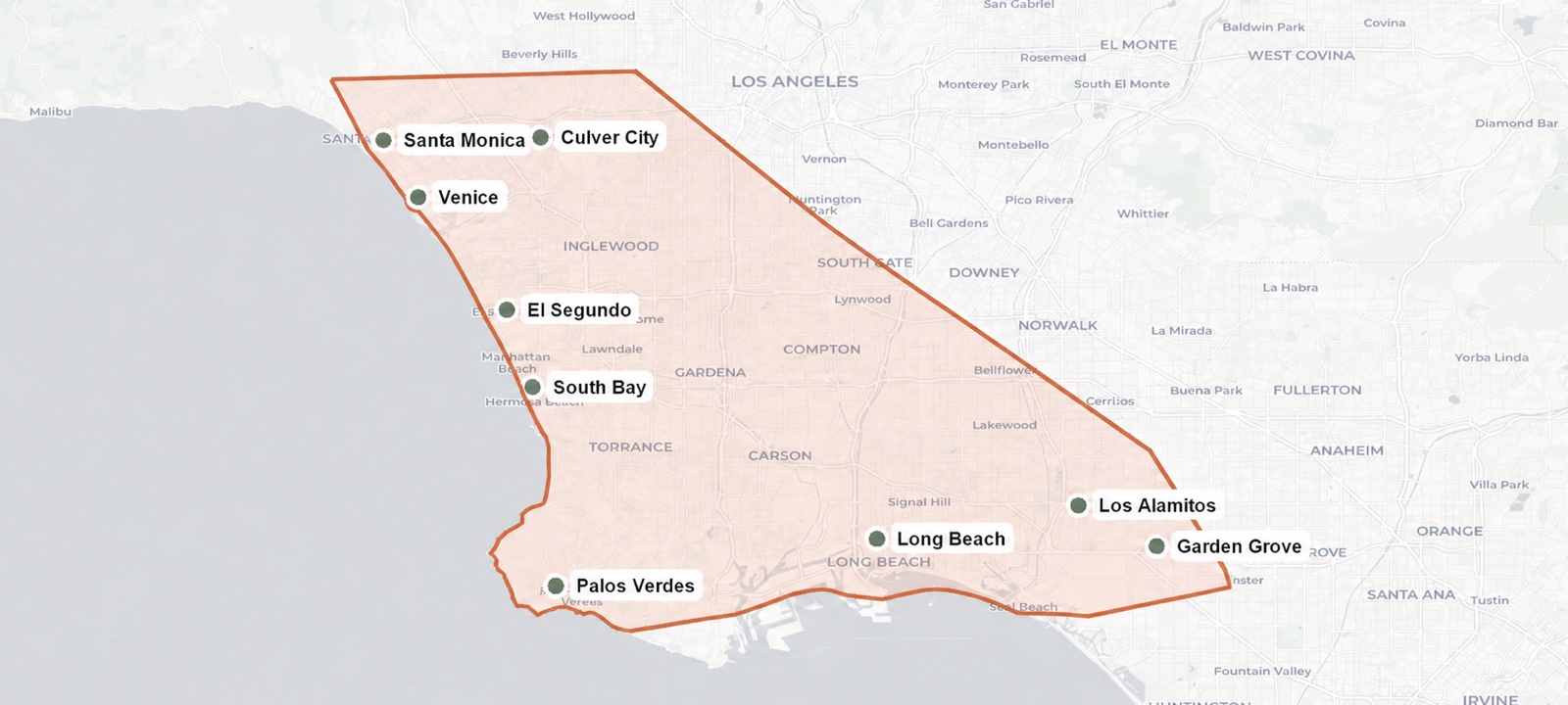 Map showing the appliance repair service area from Santa Monica through South Bay and Long Beach to nearby Orange County